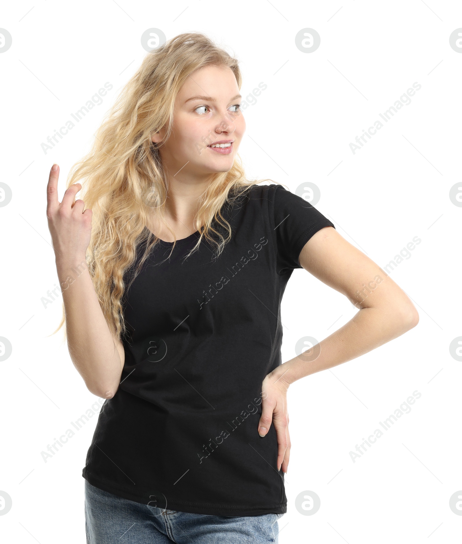 Photo of Young woman wearing blank black t-shirt on white background. Mockup for design