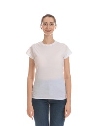 Photo of Woman wearing cotton t-shirt on white background