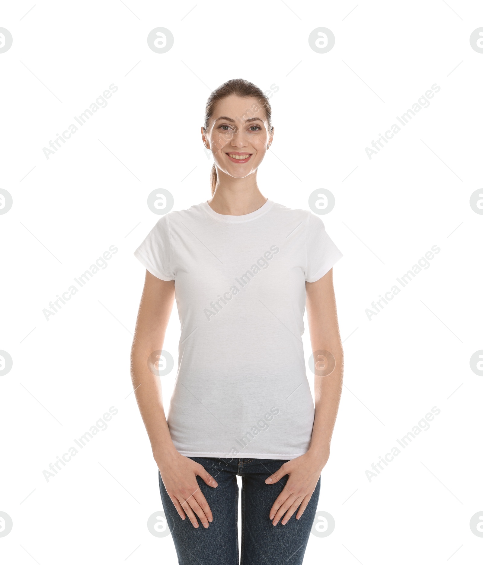 Photo of Woman wearing cotton t-shirt on white background