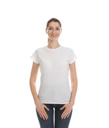 Photo of Woman wearing cotton t-shirt on white background