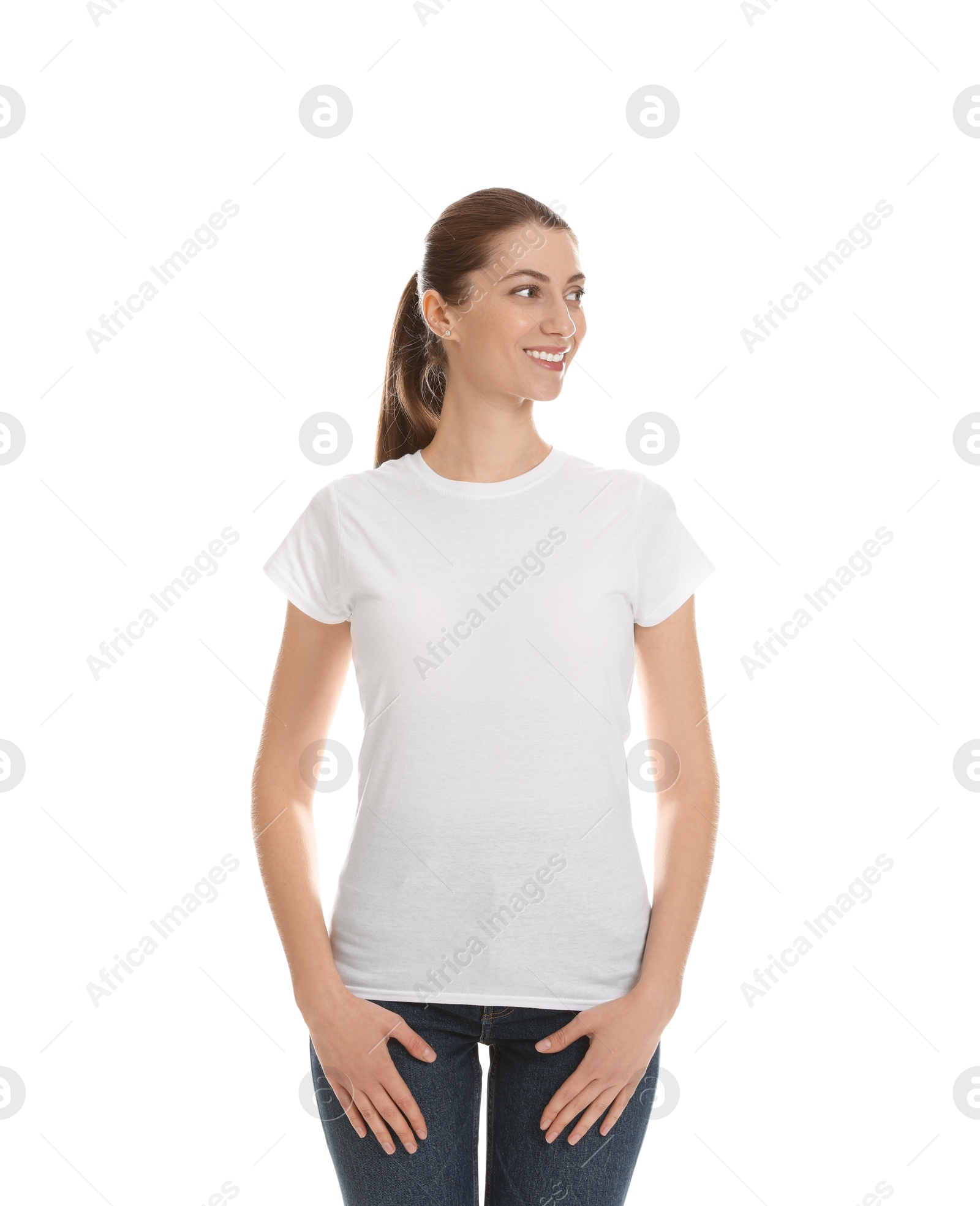 Photo of Woman wearing cotton t-shirt on white background