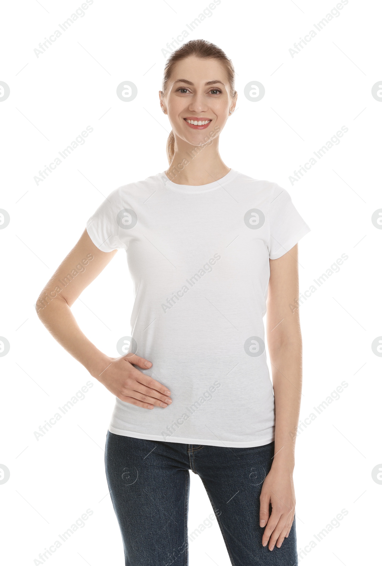 Photo of Woman wearing cotton t-shirt on white background