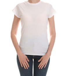 Photo of Woman wearing cotton t-shirt on white background, closeup