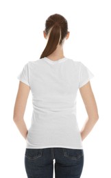 Woman wearing cotton t-shirt on white background, back view