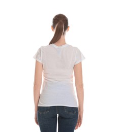 Photo of Woman wearing cotton t-shirt on white background, back view