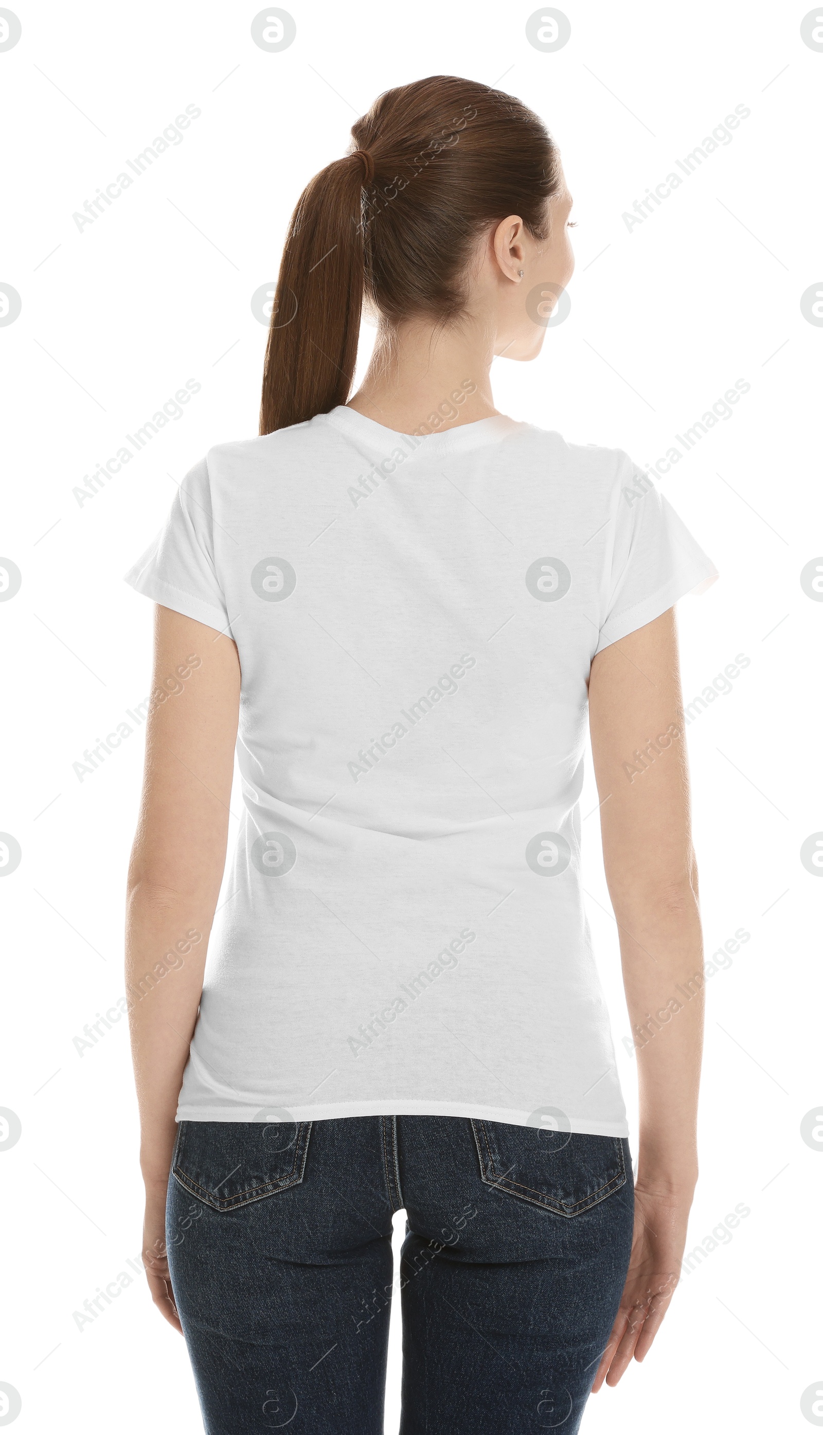 Photo of Woman wearing cotton t-shirt on white background, back view