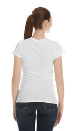 Photo of Woman wearing cotton t-shirt on white background, back view