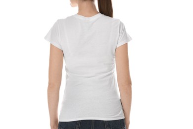 Photo of Woman wearing cotton t-shirt on white background, closeup