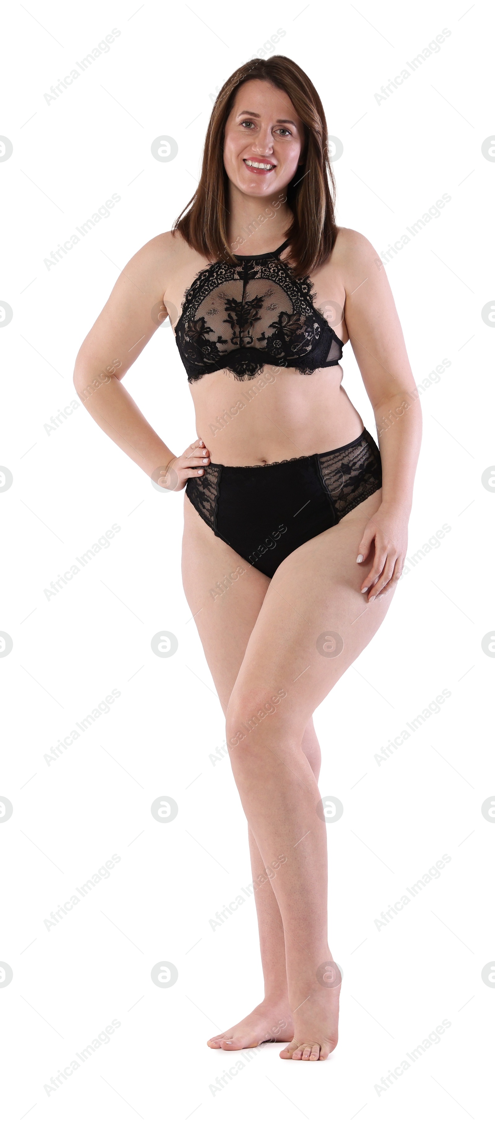 Photo of Woman in underwear on white background. Cellulite problem