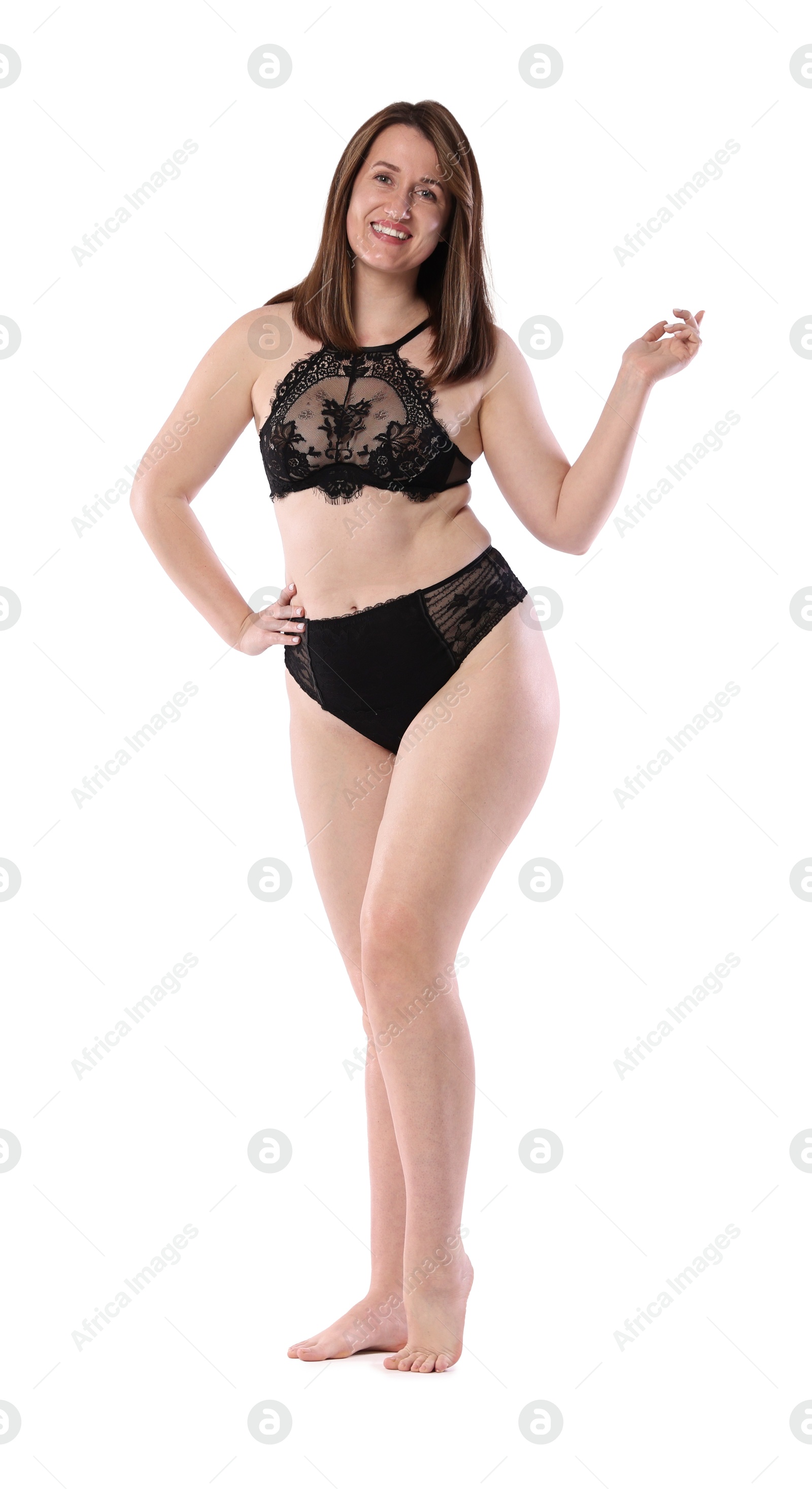 Photo of Woman in underwear on white background. Cellulite problem