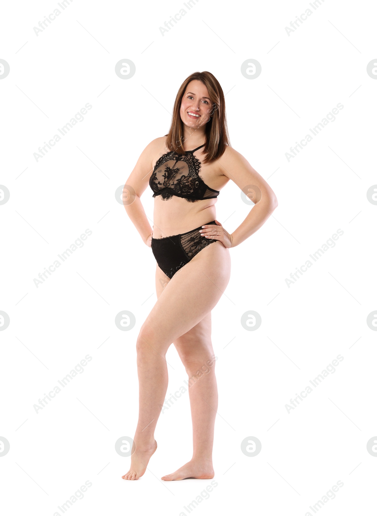 Photo of Woman in underwear on white background. Cellulite problem