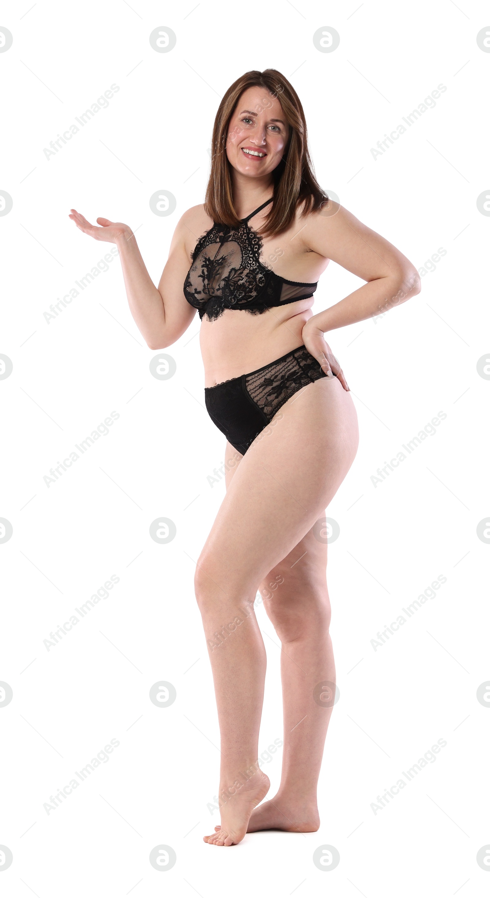 Photo of Woman in underwear on white background. Cellulite problem