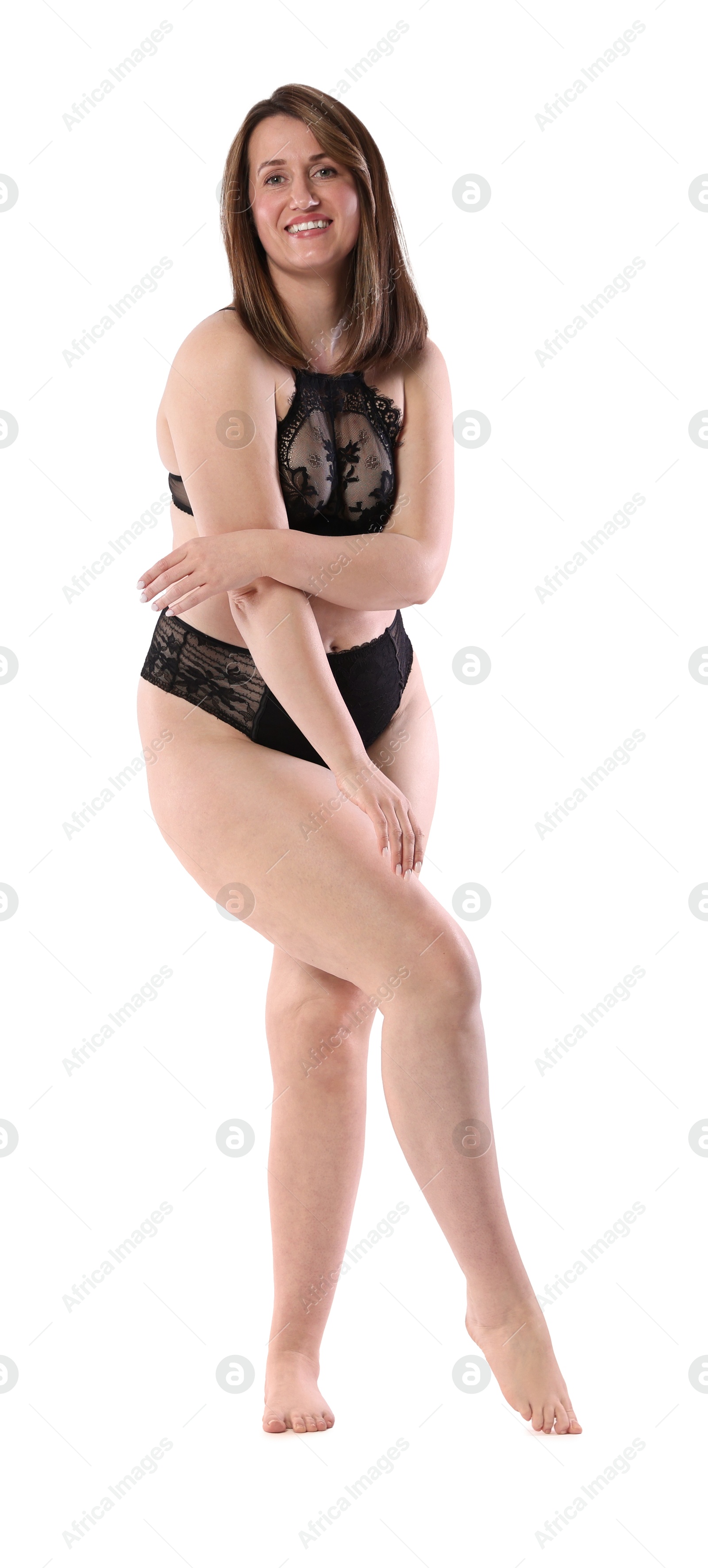 Photo of Woman in underwear on white background. Cellulite problem