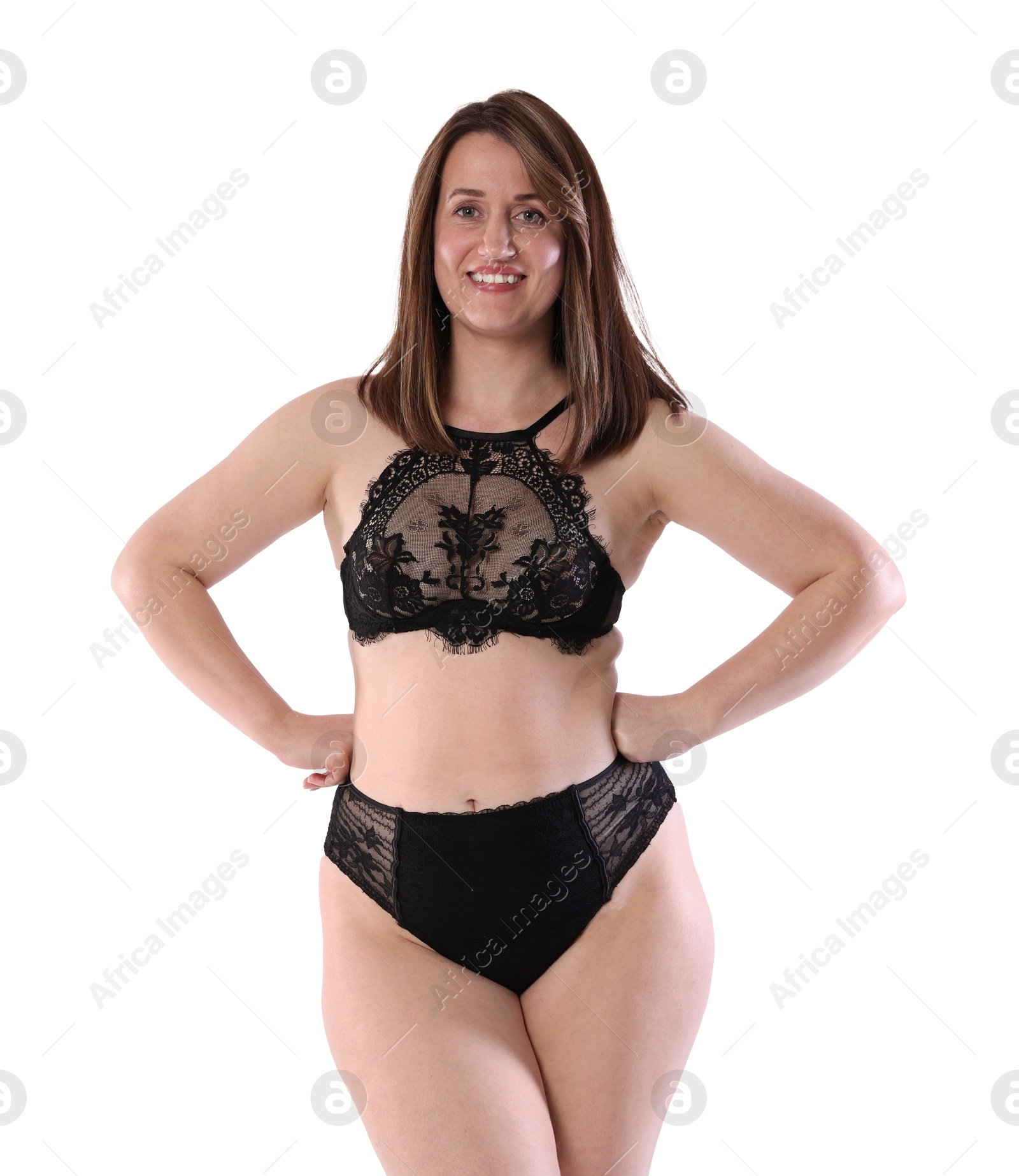 Photo of Woman in underwear on white background. Cellulite problem