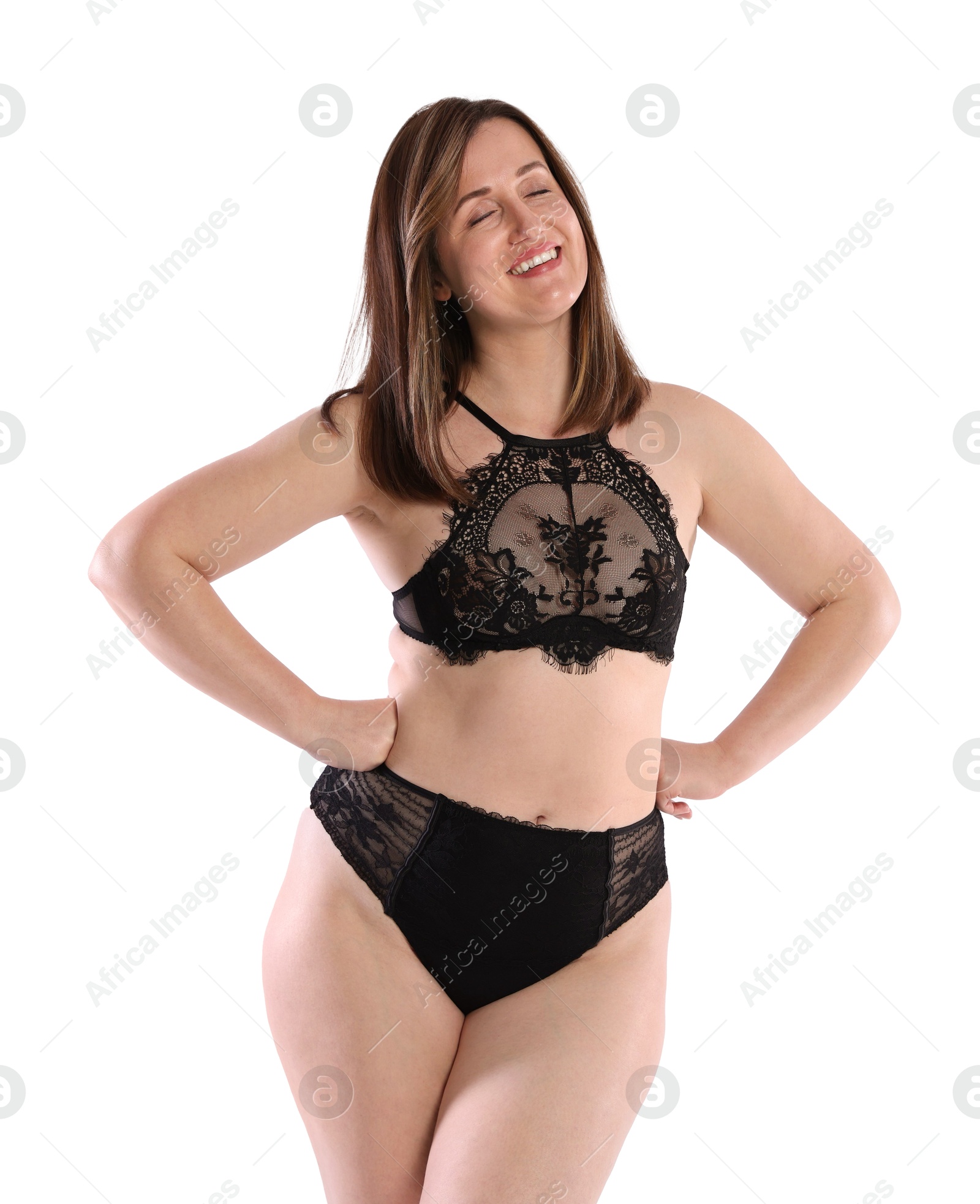 Photo of Woman in underwear on white background. Cellulite problem