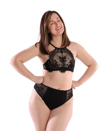 Woman in underwear on white background. Cellulite problem