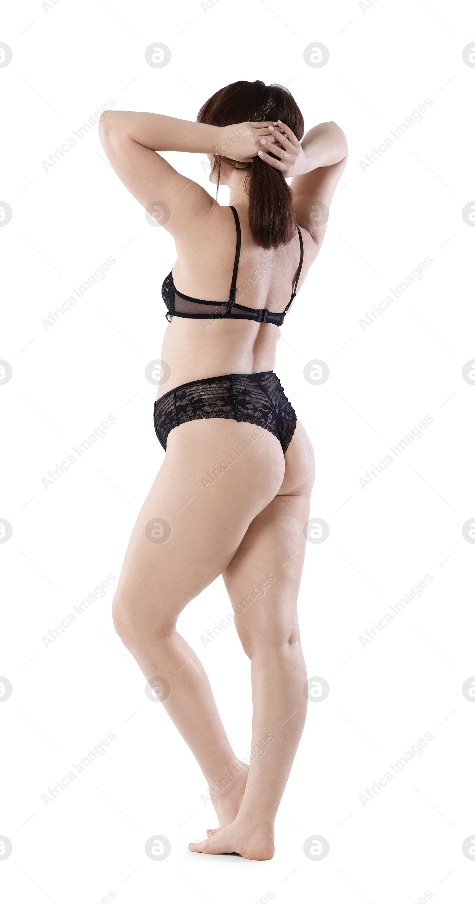 Photo of Woman in underwear on white background. Cellulite problem