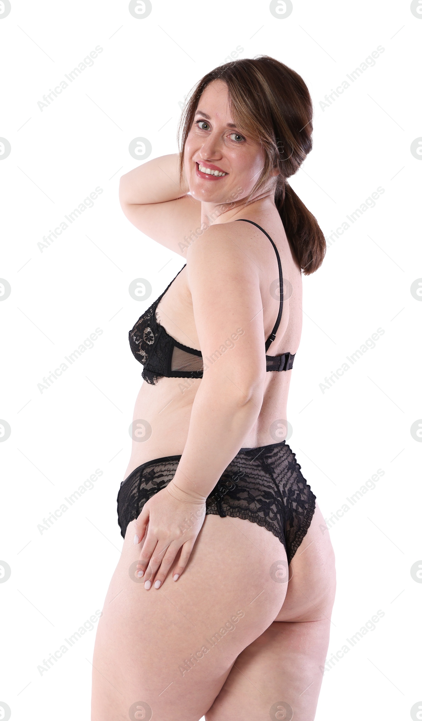 Photo of Woman in underwear on white background. Cellulite problem