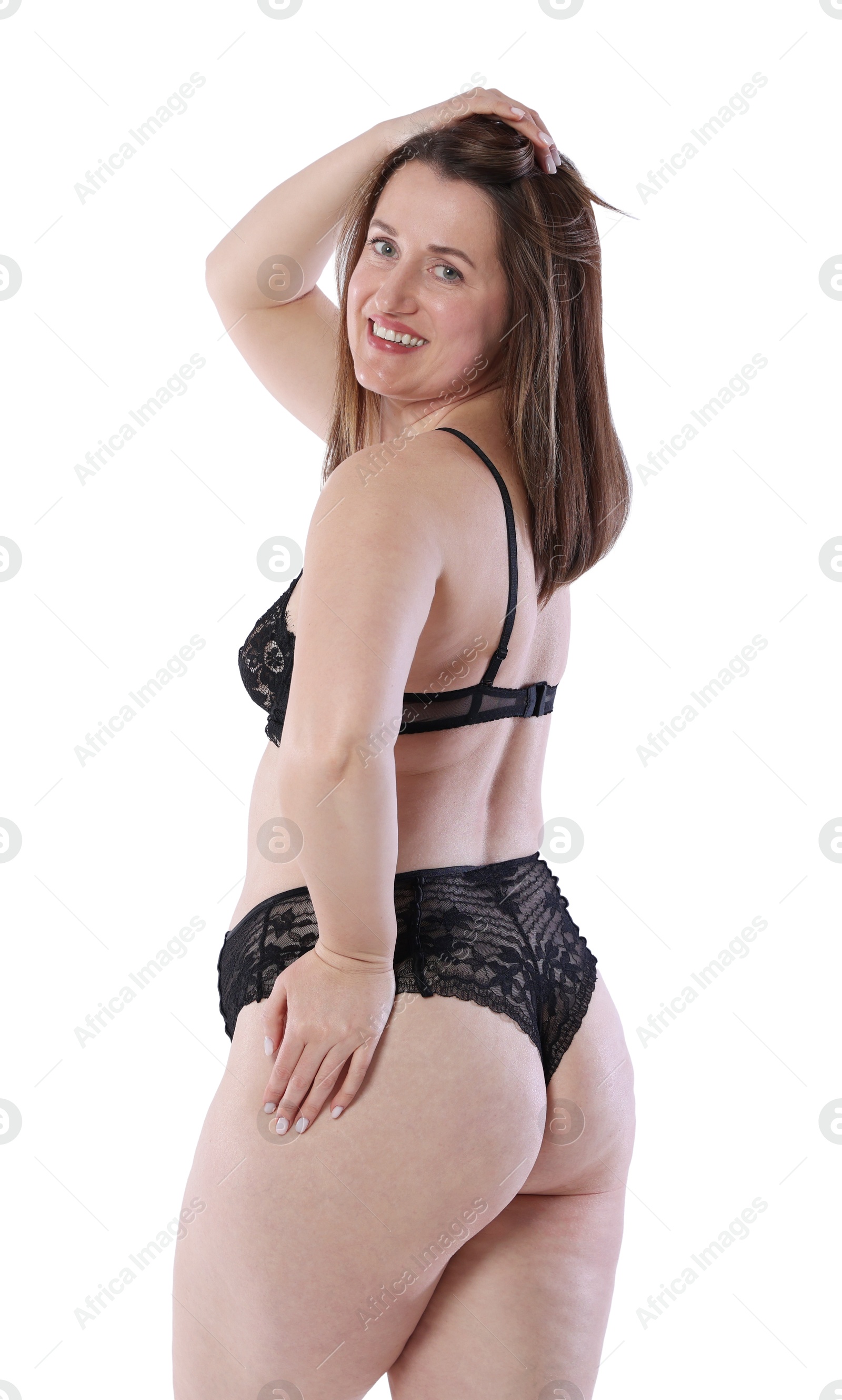 Photo of Woman in underwear on white background. Cellulite problem