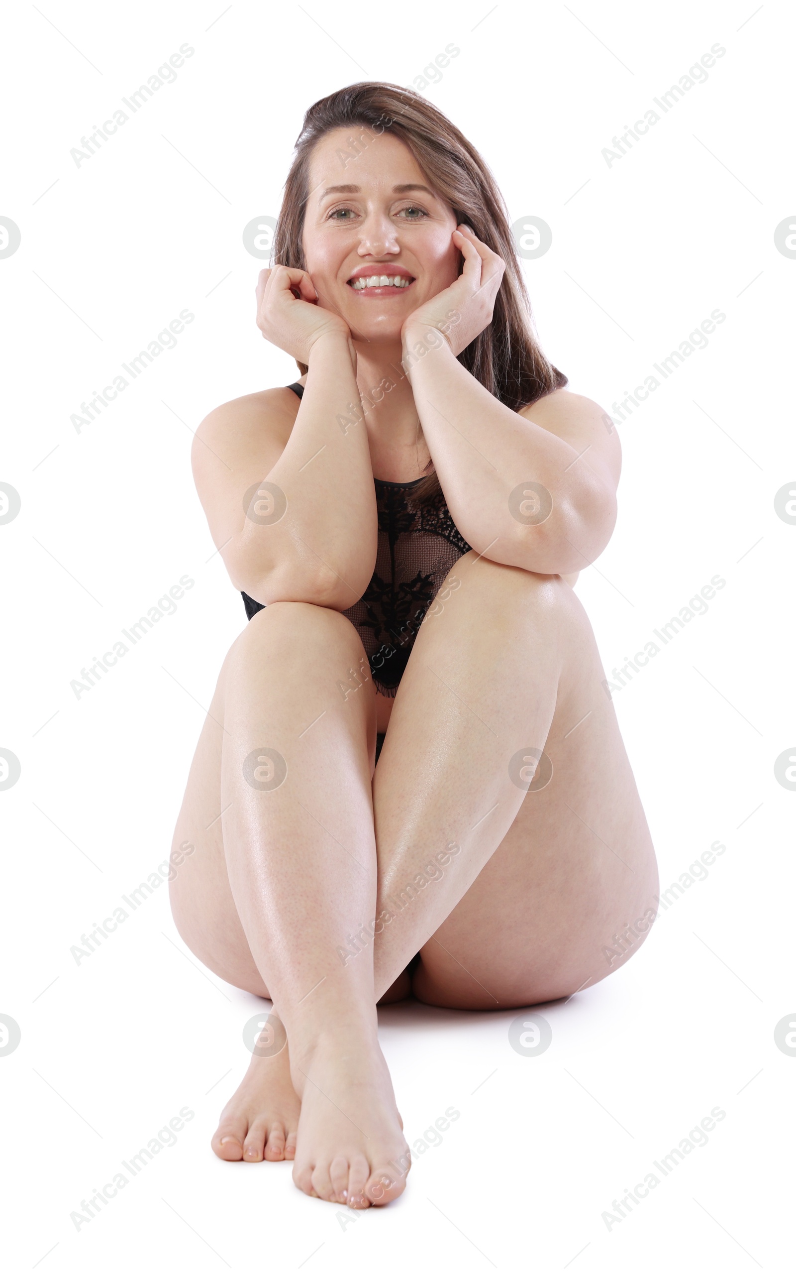 Photo of Woman in underwear on white background. Cellulite problem