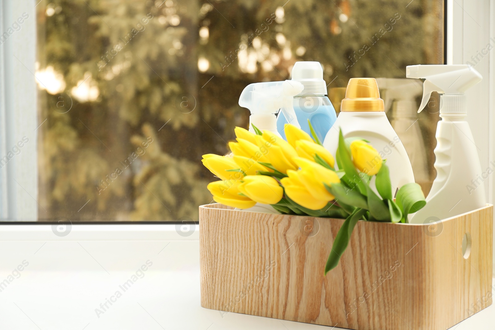 Photo of Spring cleaning. Detergents, supplies and tulips on windowsill indoors, space for text