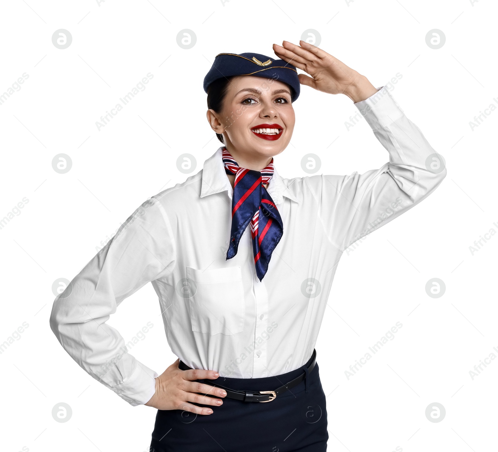 Photo of Portrait of smiling stewardess on white background