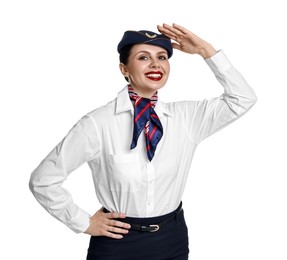 Photo of Portrait of smiling stewardess on white background