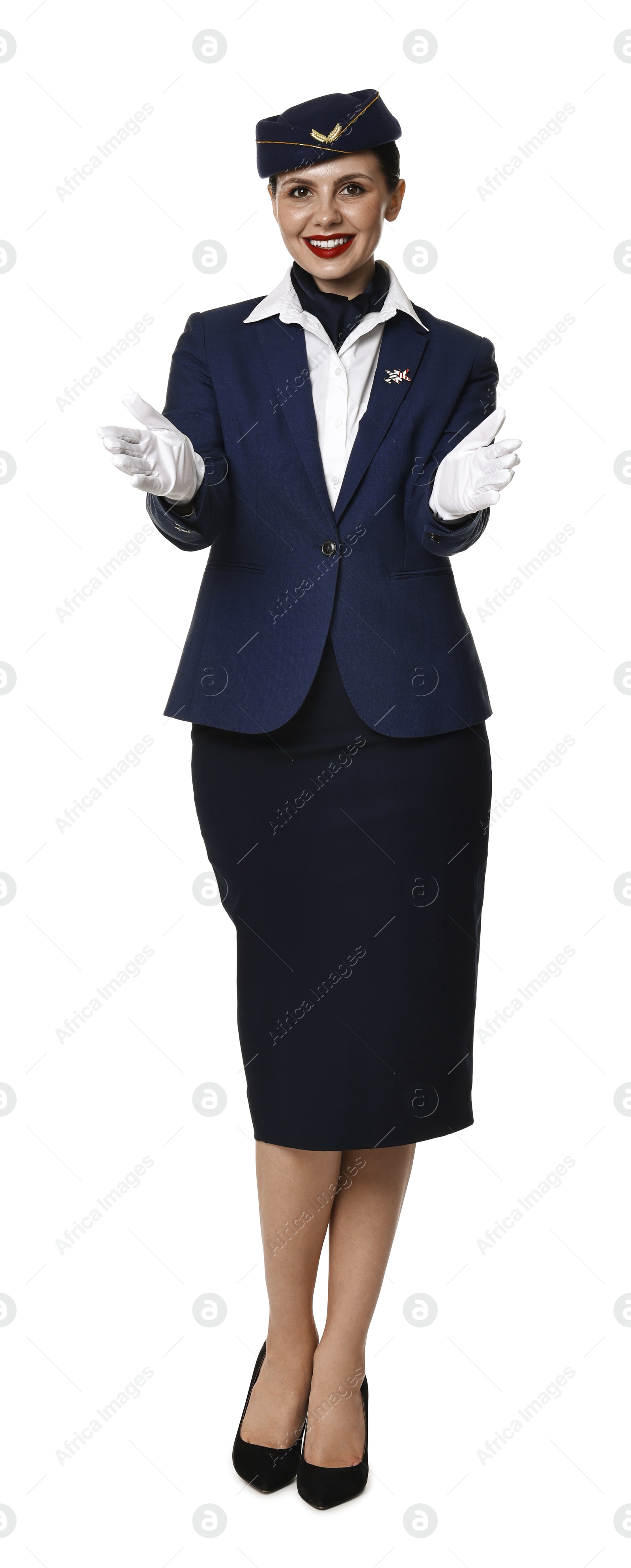 Photo of Smiling flight attendant demonstrating safety instruction on white background