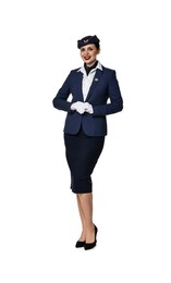 Smiling stewardess in uniform on white background