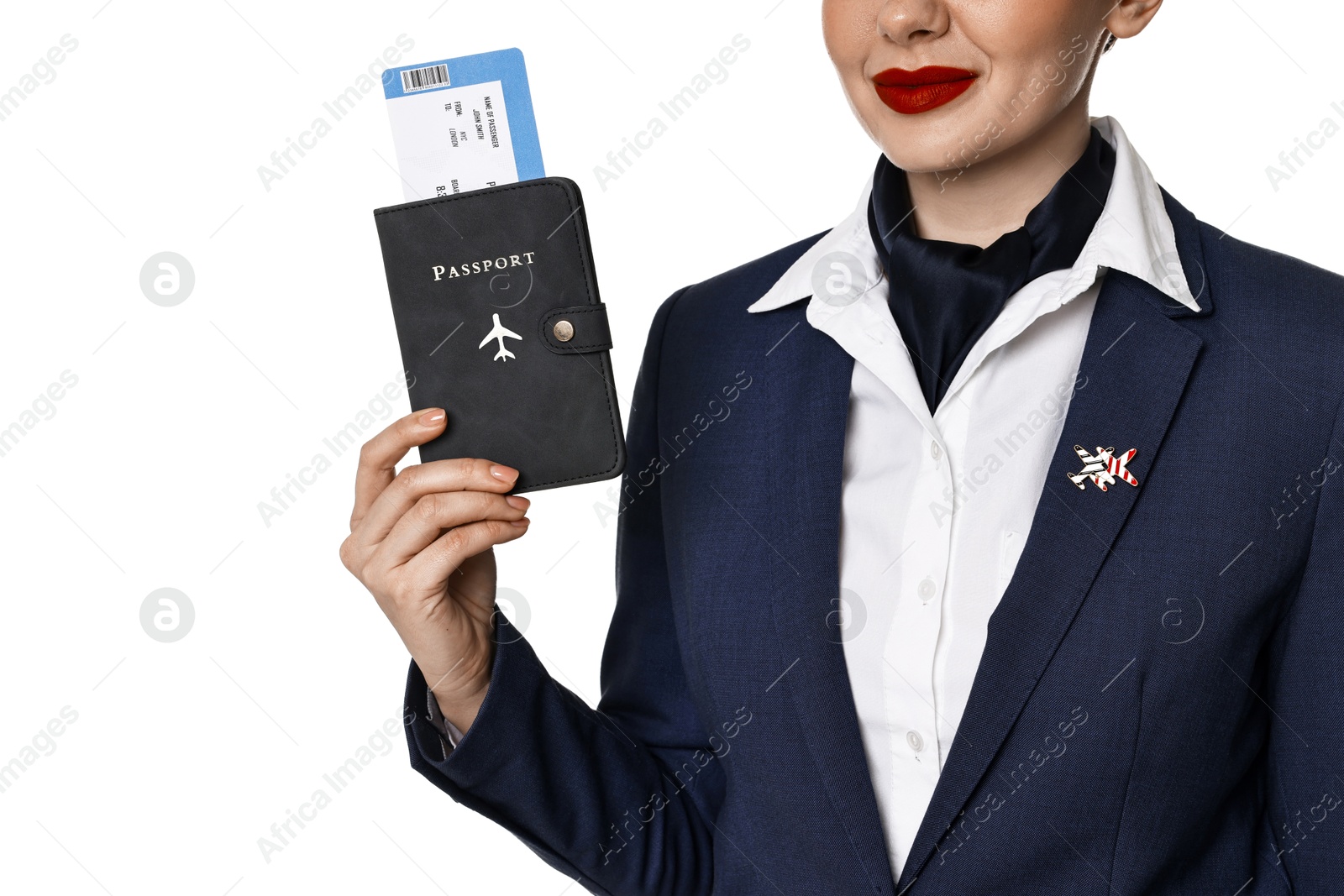 Photo of Stewardess holding passport with flight ticket on white background, closeup