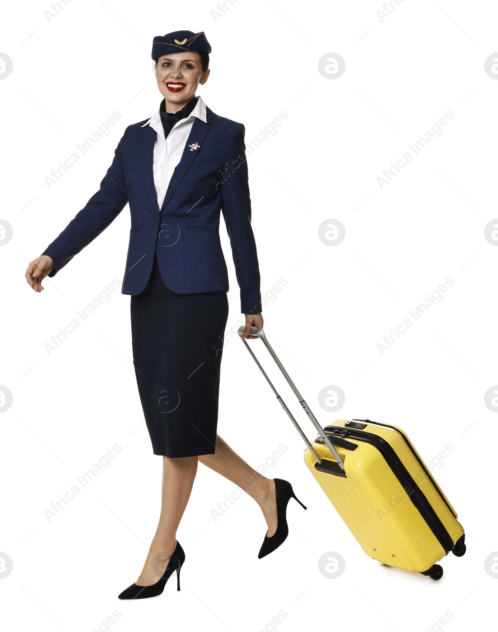 Photo of Smiling stewardess with suitcase on white background