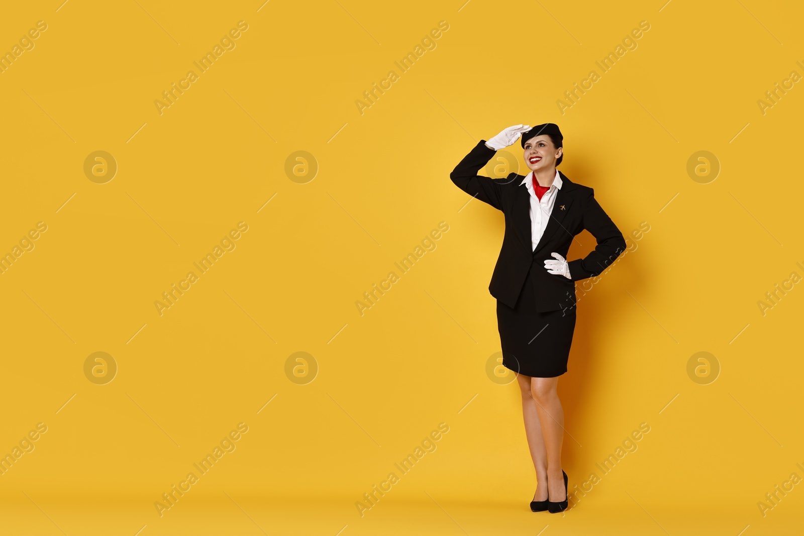 Photo of Happy flight attendant on orange background. Space for text