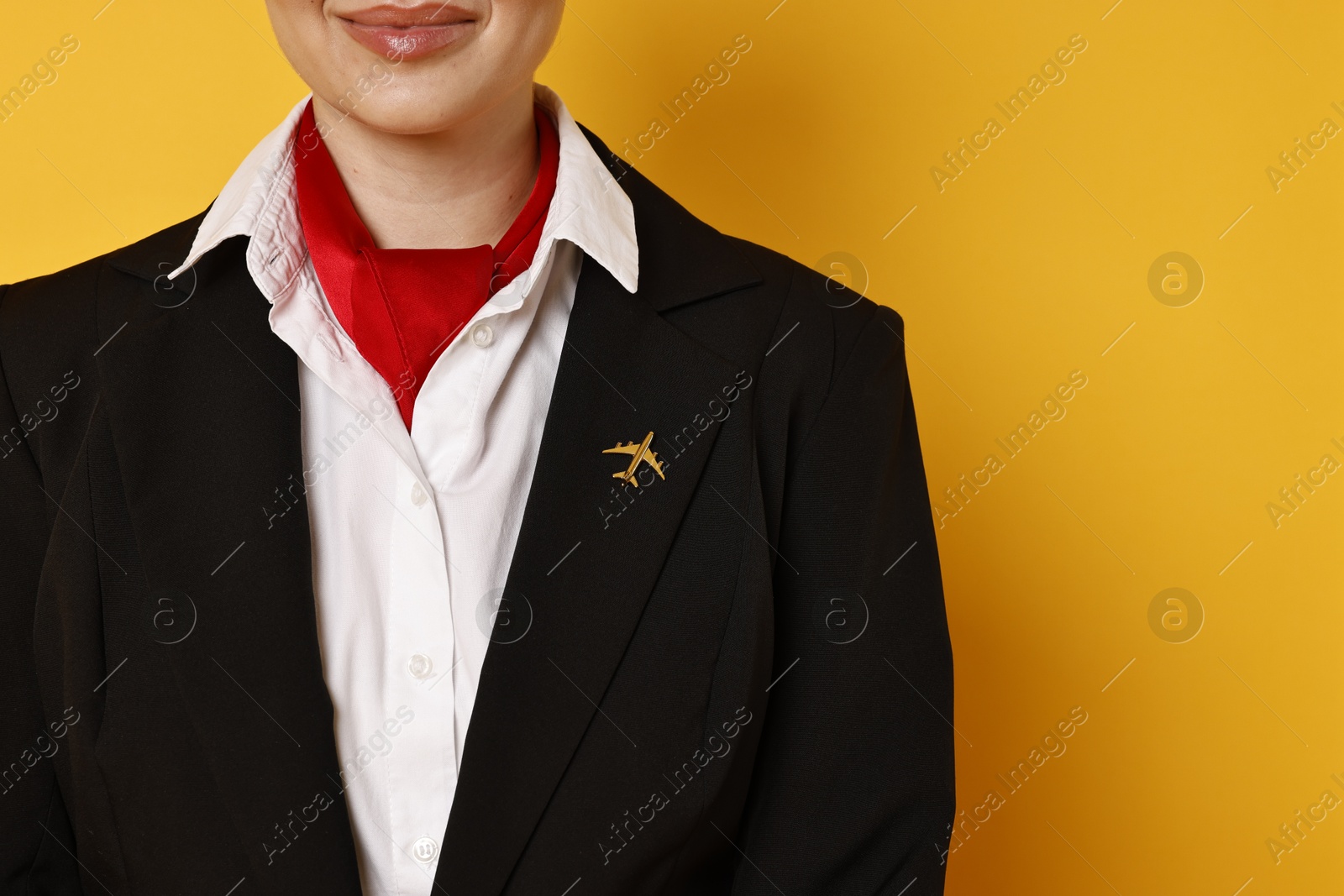 Photo of Flight attendant on orange background, closeup. Space for text