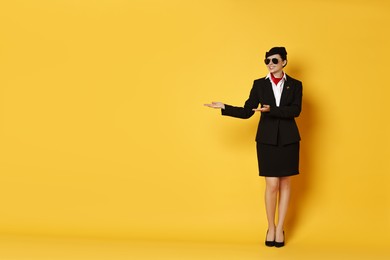 Photo of Happy flight attendant showing something on yellow background. Space for text