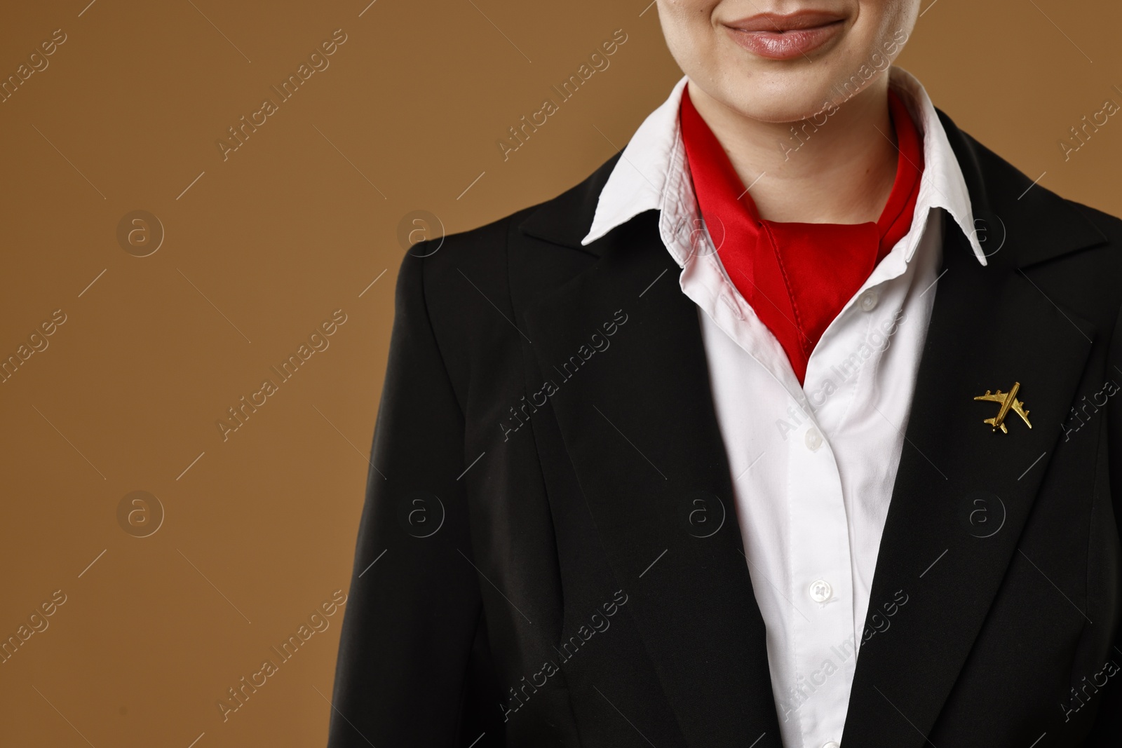 Photo of Stewardess on brown background, closeup. Space for text