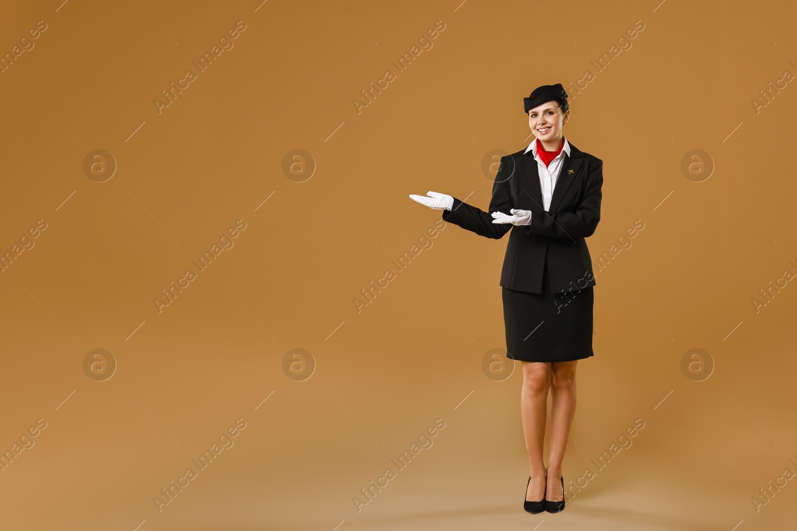 Photo of Smiling stewardess showing something on brown background. Space for text