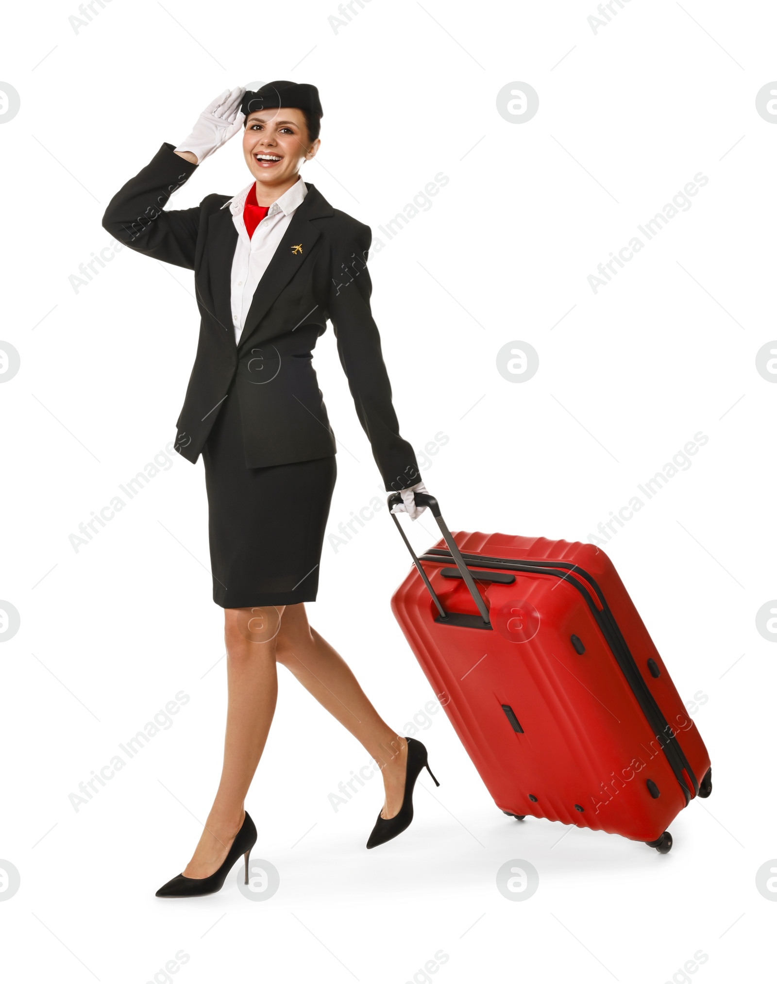 Photo of Happy flight attendant with suitcase on white background