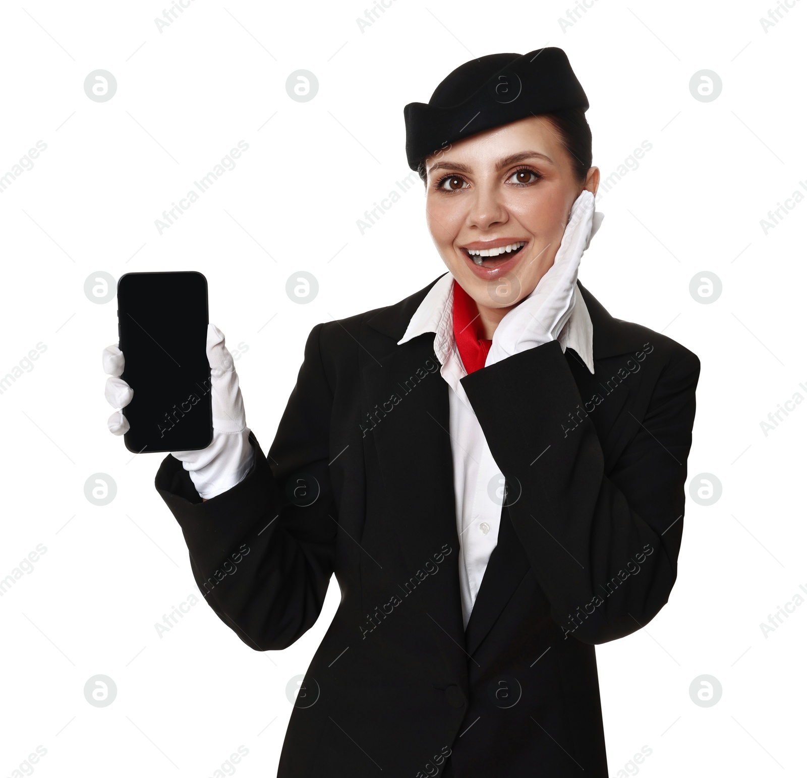 Photo of Happy flight attendant with smartphone on white background