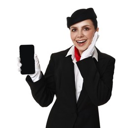 Happy flight attendant with smartphone on white background