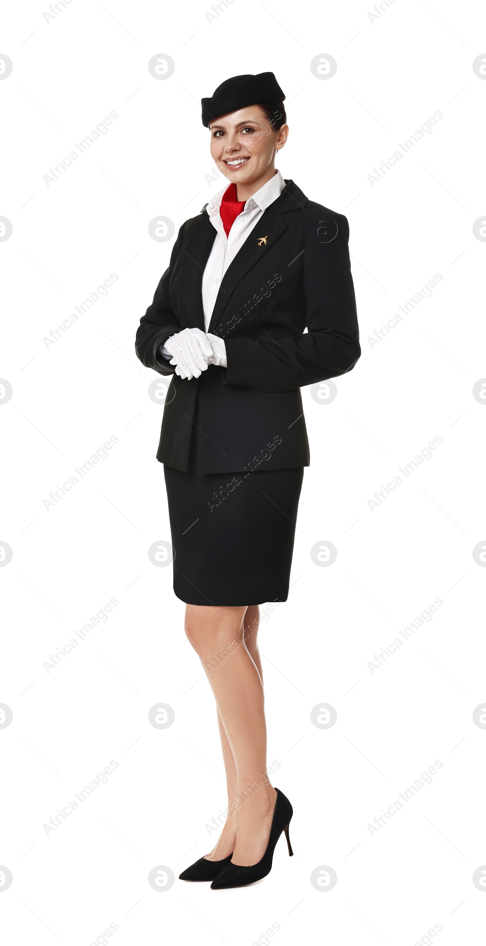 Photo of Happy flight attendant in uniform on white background