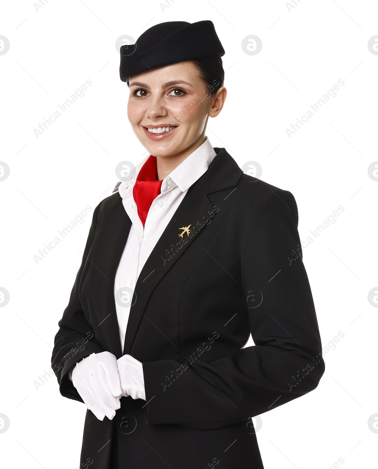 Photo of Happy flight attendant in uniform on white background