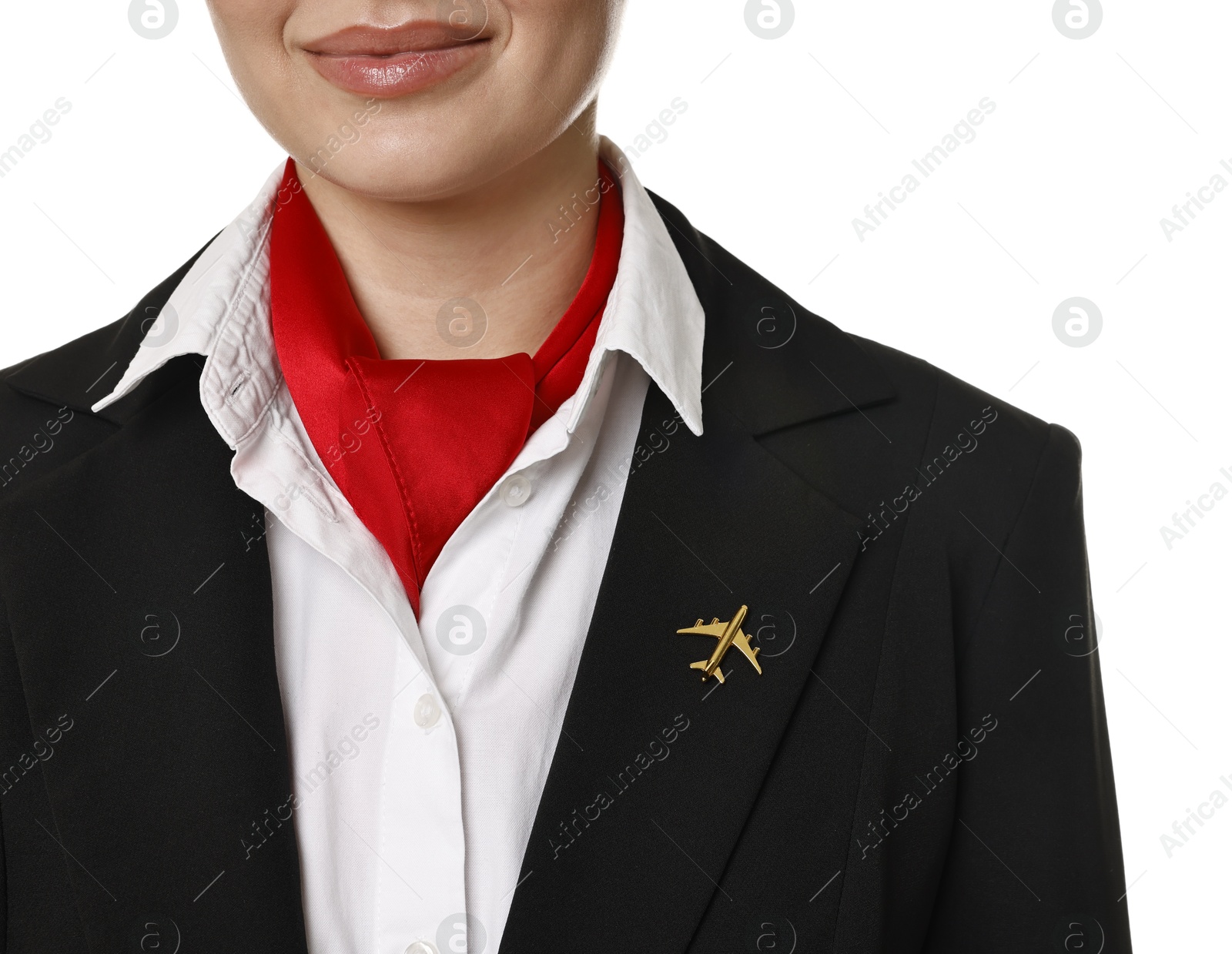 Photo of Flight attendant in uniform on white background, closeup