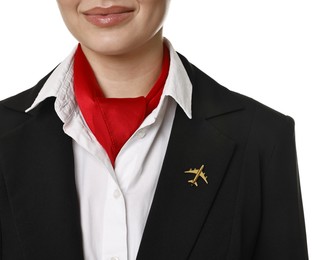 Flight attendant in uniform on white background, closeup