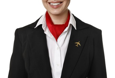 Photo of Happy flight attendant in uniform on white background, closeup