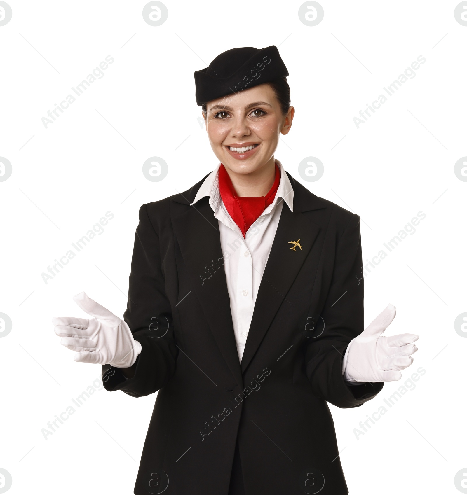 Photo of Smiling flight attendant demonstrating safety instruction on white background