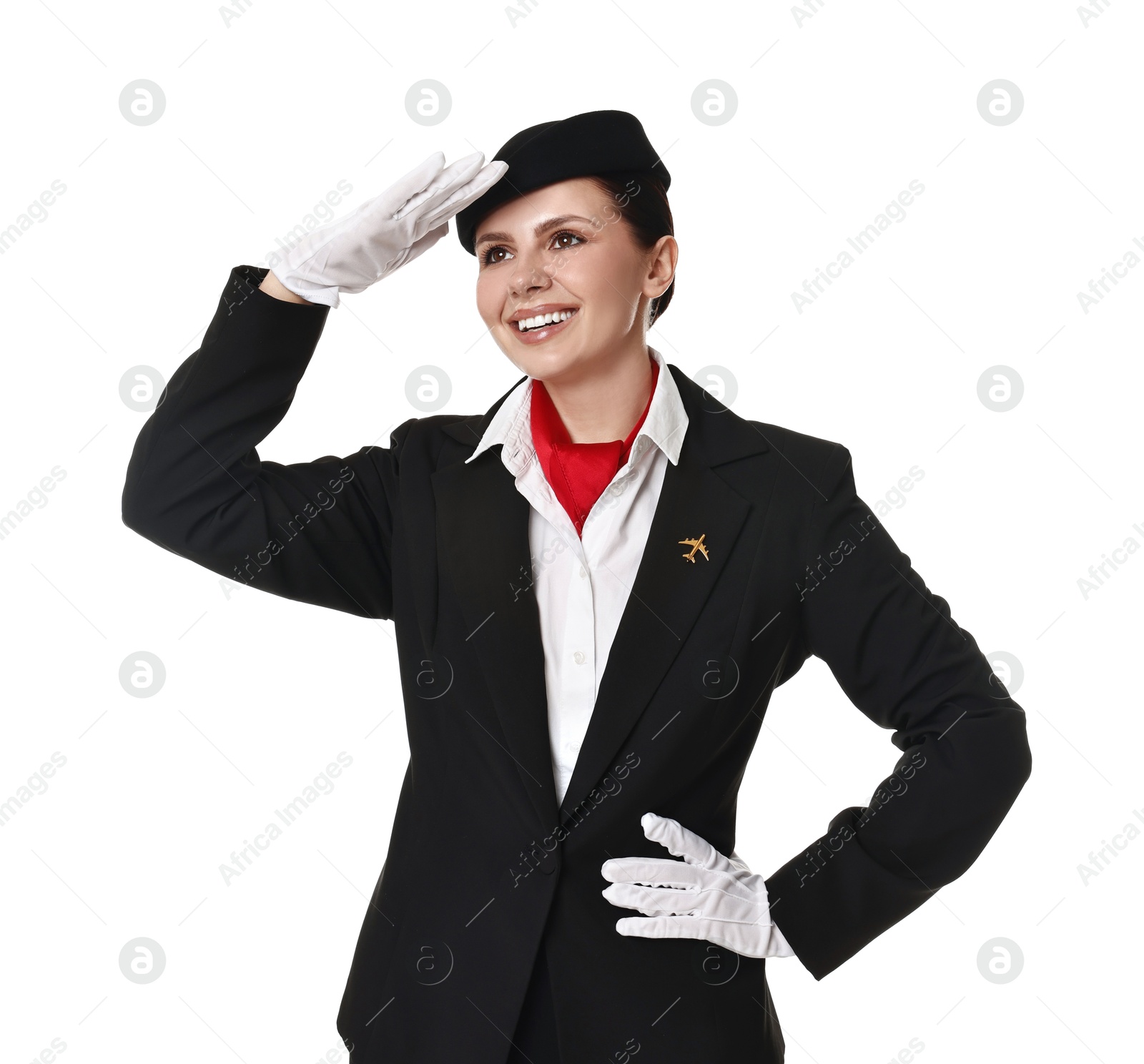 Photo of Happy flight attendant in uniform on white background