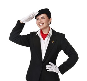 Happy flight attendant in uniform on white background