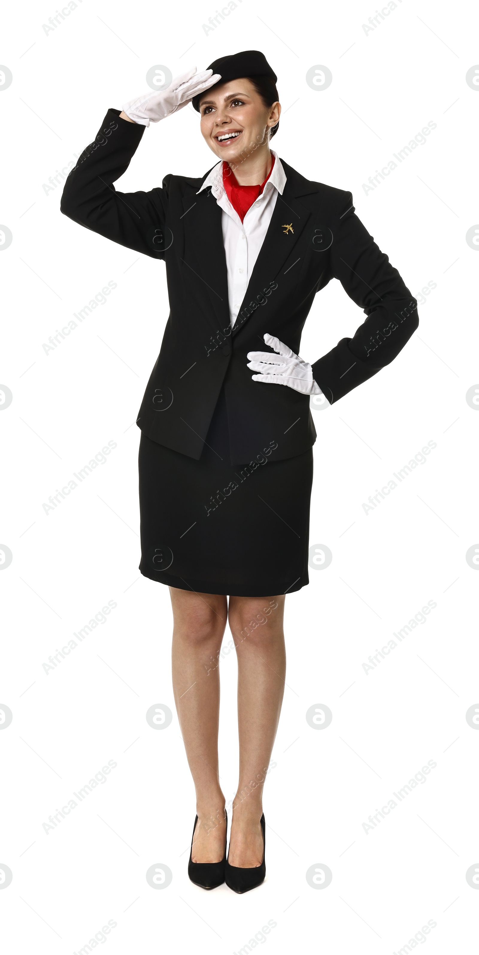 Photo of Happy flight attendant in uniform on white background