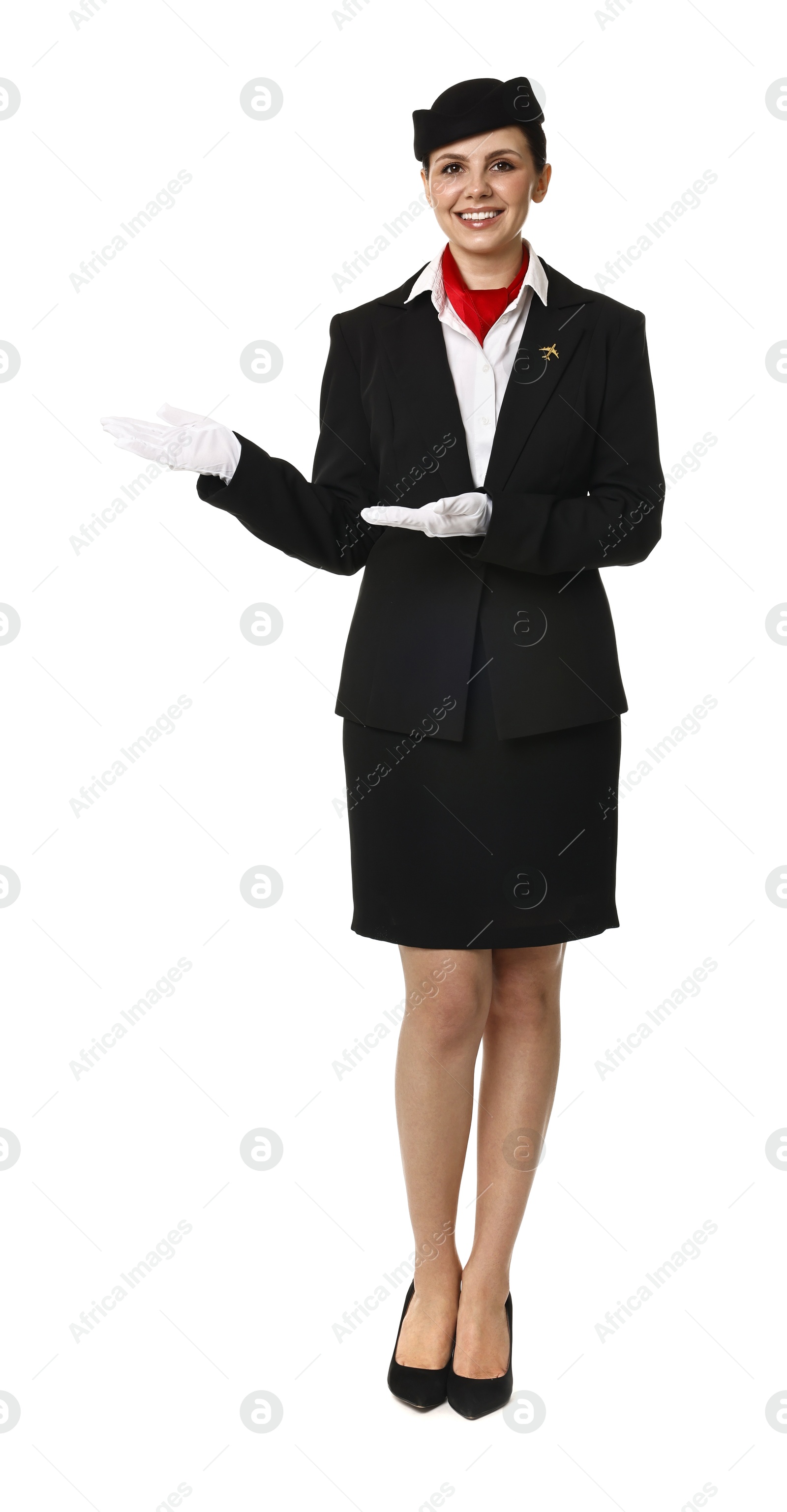 Photo of Smiling flight attendant showing something on white background