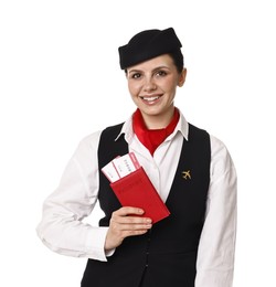 Happy stewardess holding passport with flight tickets on white background